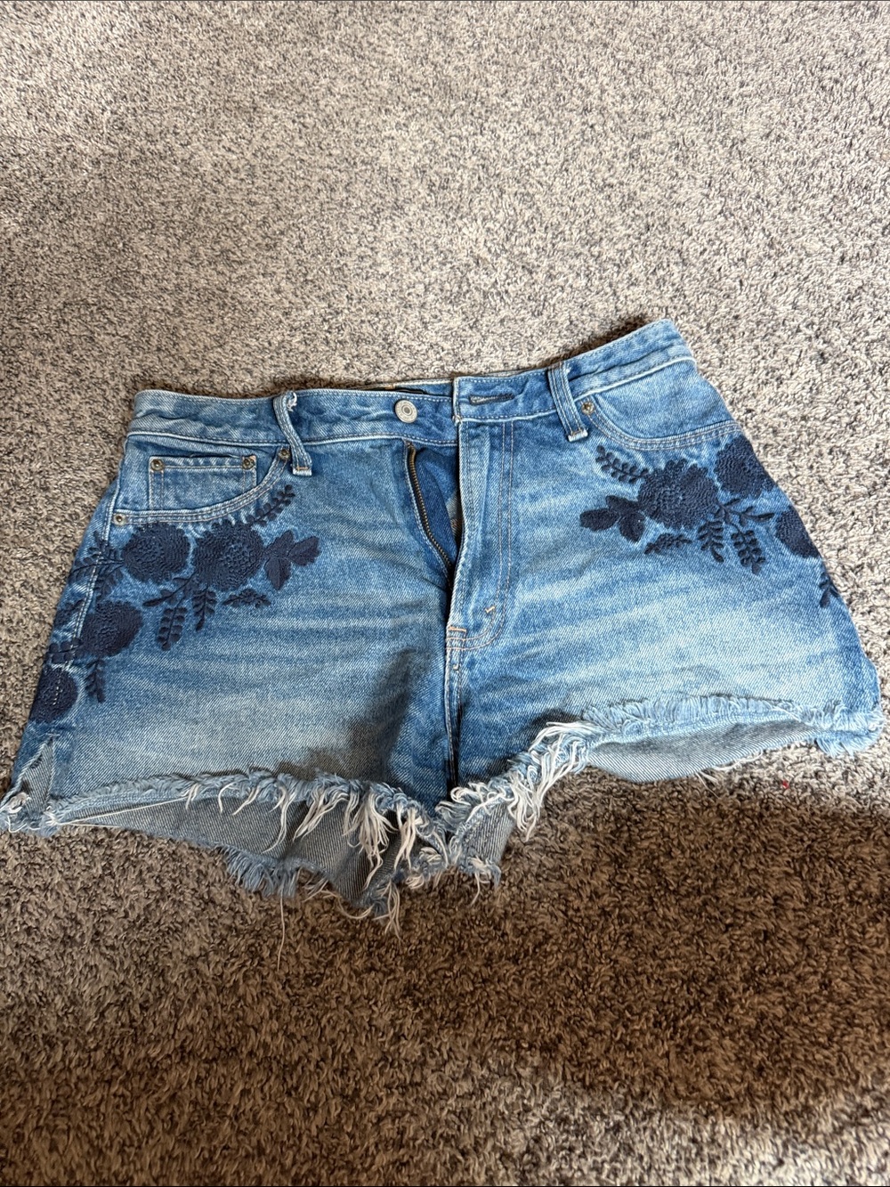 Abercrombie & Fitch Light Blue Denim Shorts with Navy Floral Embroidery